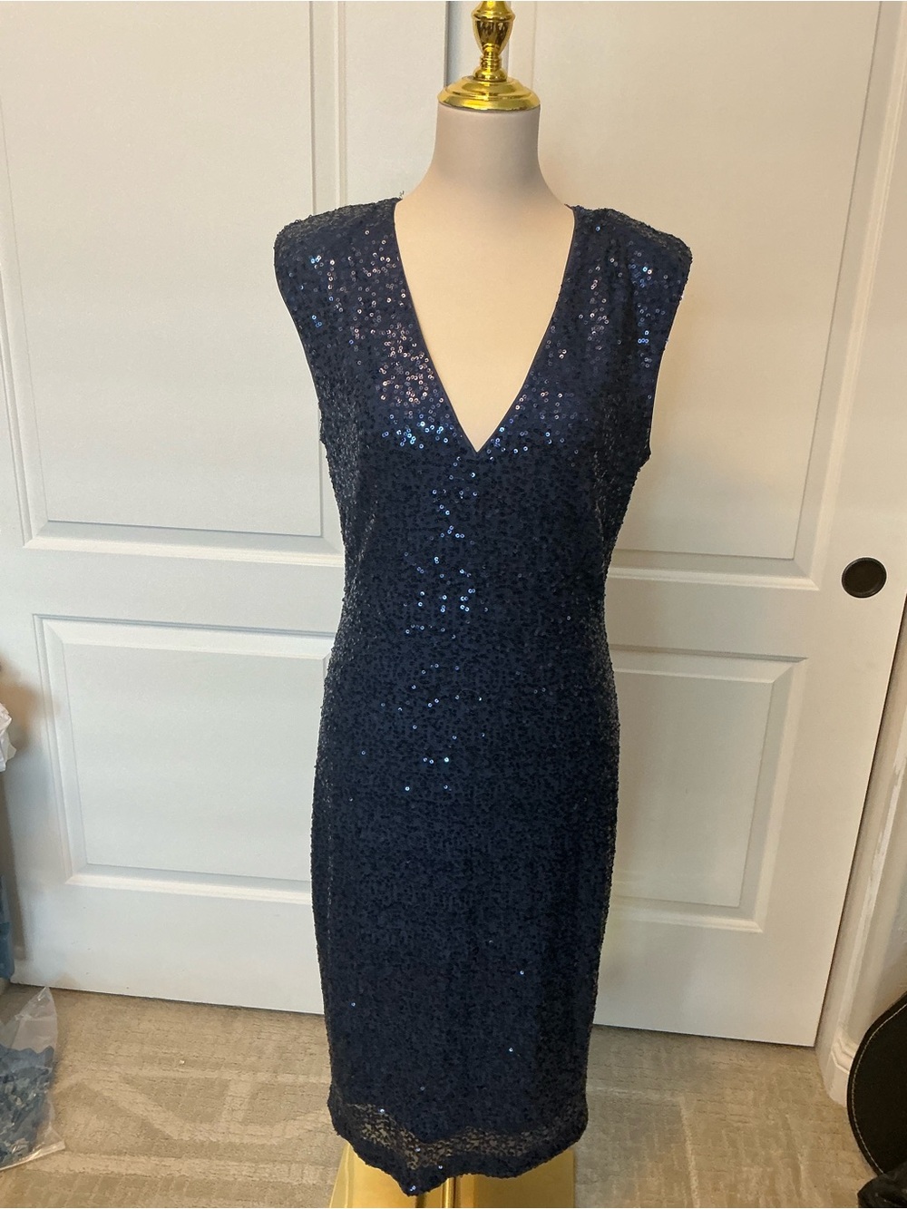 Eliza J Navy Sequined V-Neck Sheath Dress